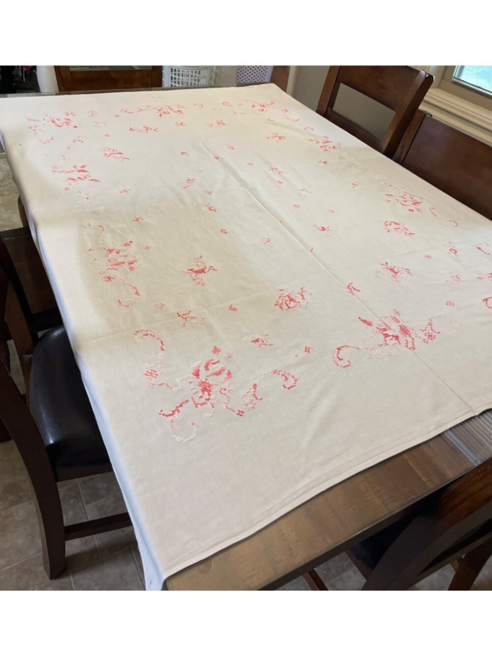 White Floral Cross Stitch Embroidered Tablecloth 47x62.5 Pink Coral Handmade Loo
